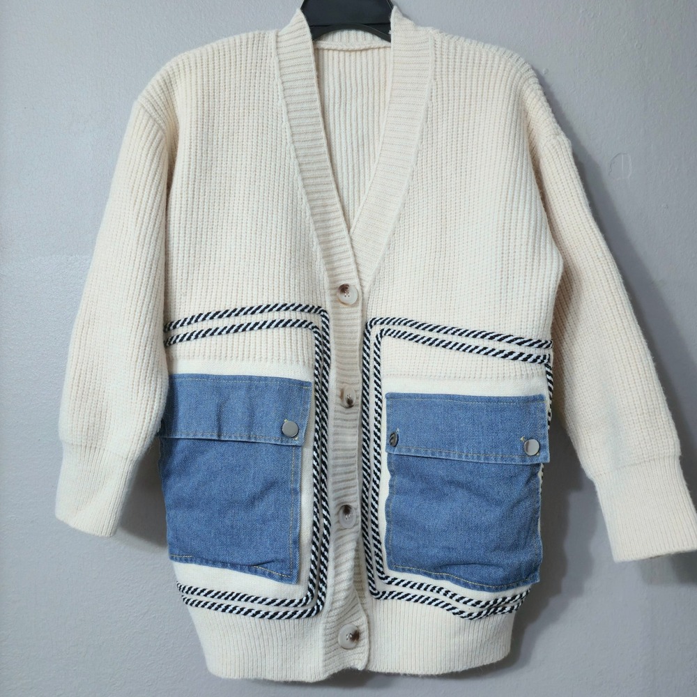 Cream Chunky Knit Cardigan with Denim Pockets and Braided Trim Ivory Sweater